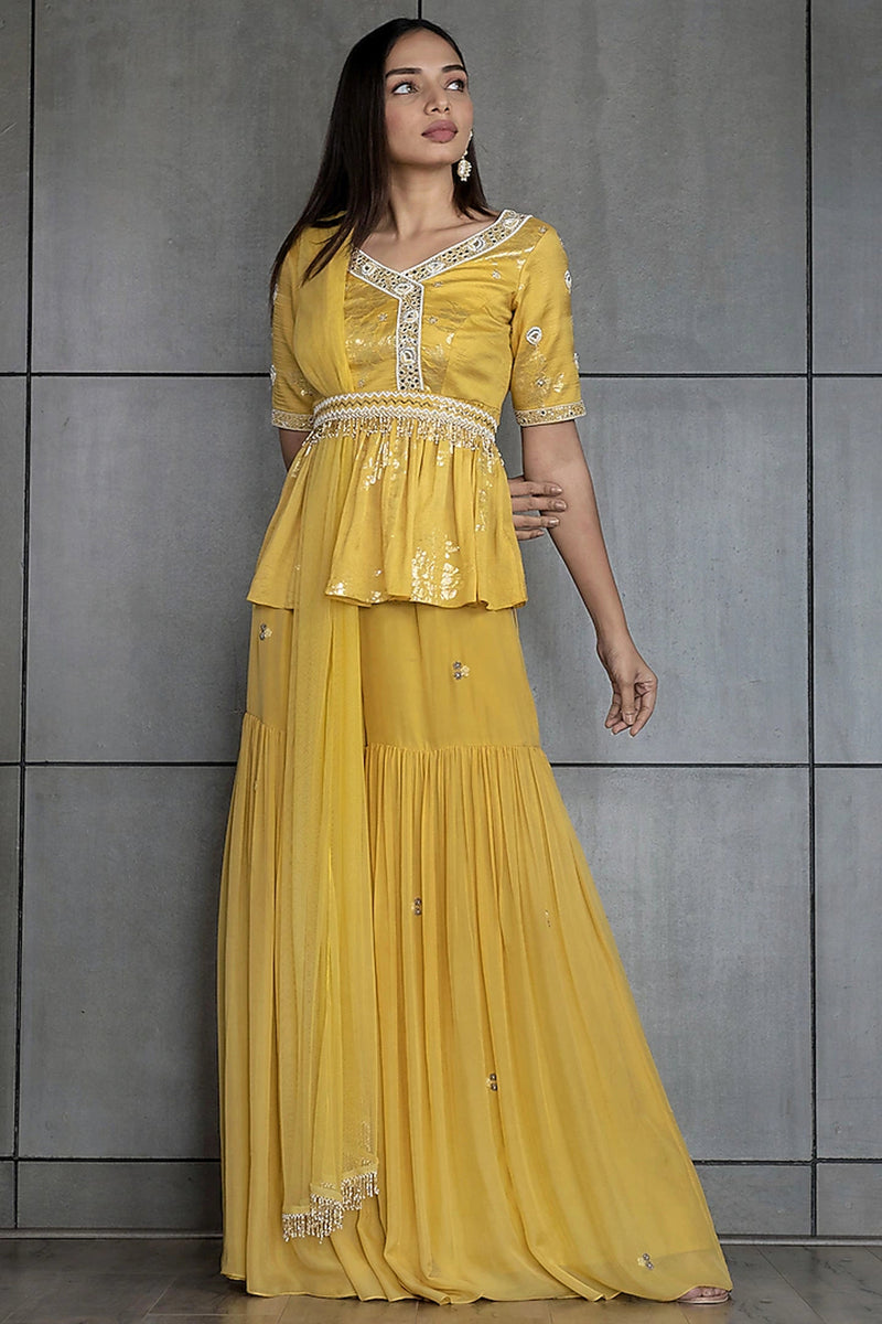 Varsana By Vandana Jaju & Aditi Jaju - Golden Yellow Embroidered Sharara Set
