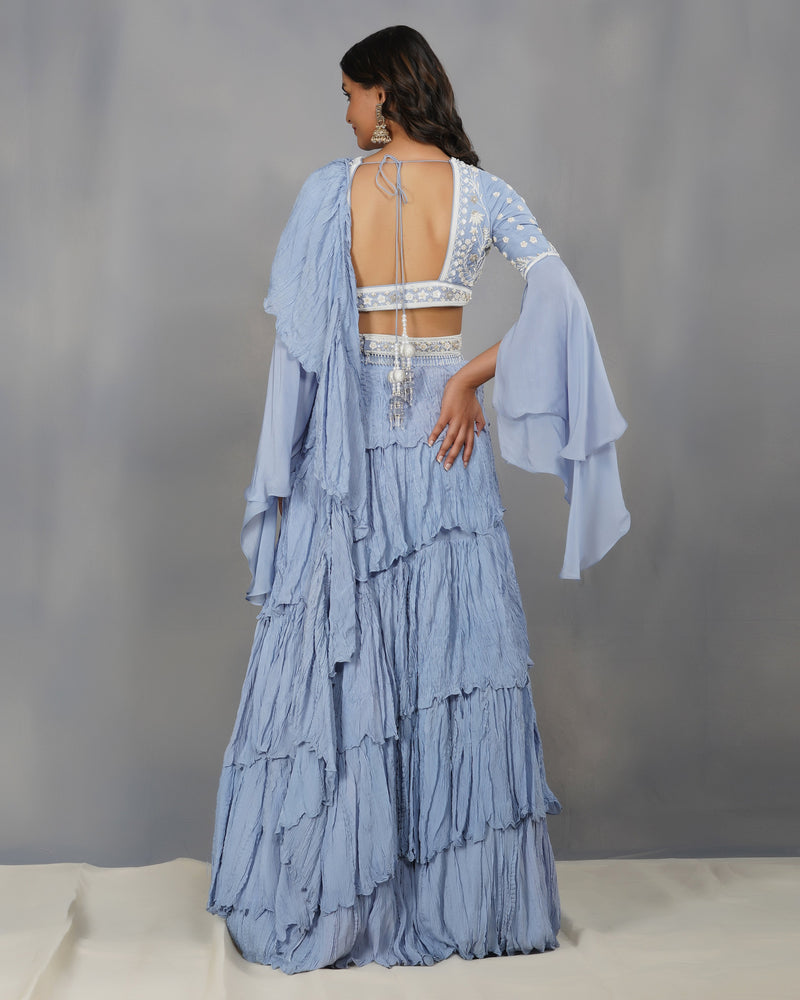 Dipti Chhabra - Arisha - Carolina Blue Textured Drape Saree Set