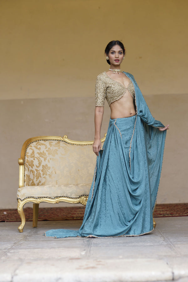 Kavita Agarwal- Misty Jade Saree Dating the Rich Gold Choli