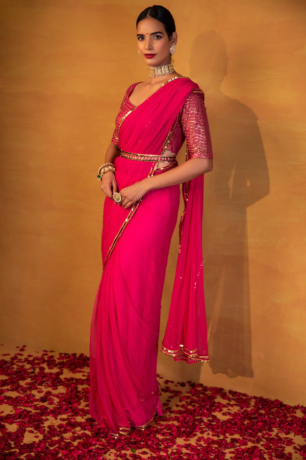 Esha Koul - Hot Pink Net Saree With Belt Set