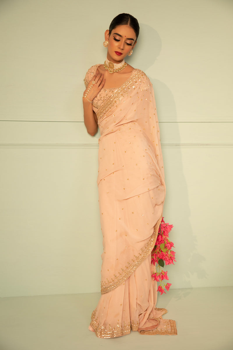 Esha Koul - Blush Pink Georgette Saree Set
