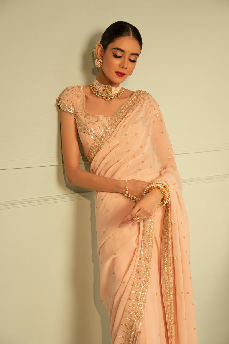 Esha Koul - Blush Pink Georgette Saree Set