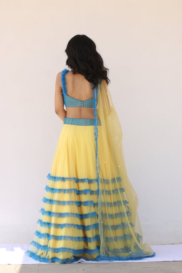 Label G3 By Gayathri Reddy - Yellow Frilled Lehanga with Blue Pleated Blouse