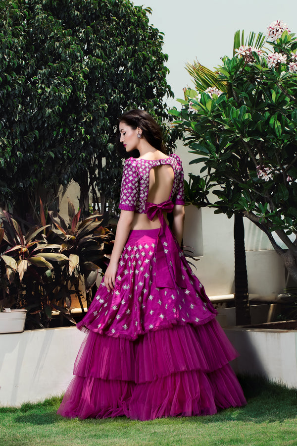 Label G3 By Gayathri Reddy - Beetroot Color Layered Lehanga with Crop Top
