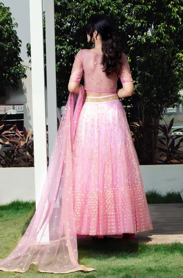 Label G3 By Gayathri Reddy - Onion Pink Ombre Effect Tiered Tulle Lehanga Set
