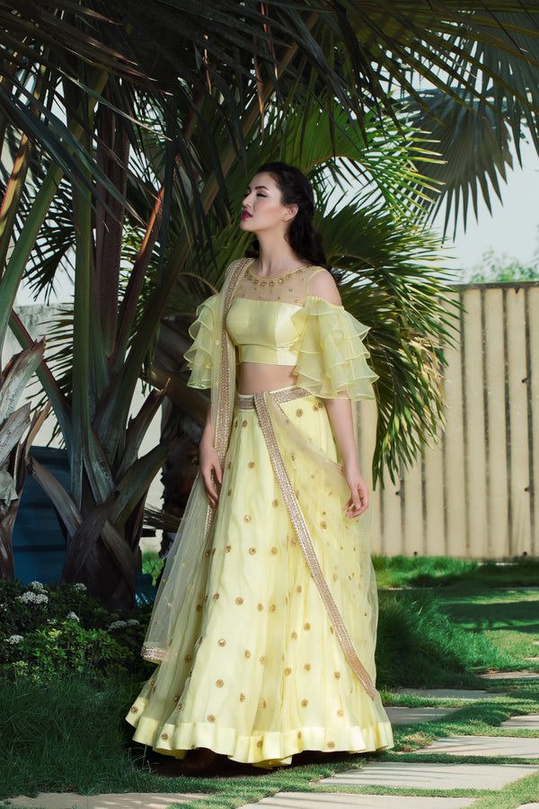 Label G3 By Gayathri Reddy - Yellow Embroidered Lehanga with Ruffle Blouse