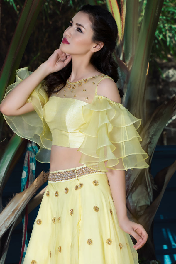 Label G3 By Gayathri Reddy - Yellow Embroidered Lehanga with Ruffle Blouse
