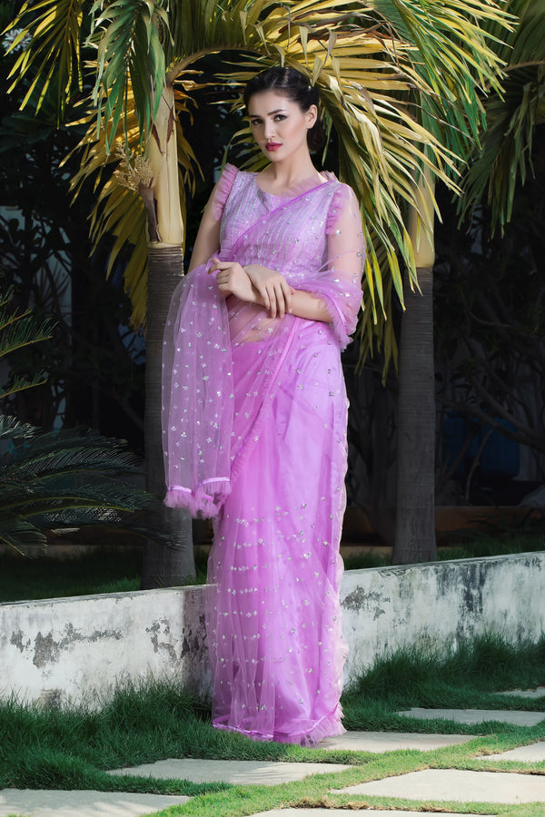 Label G3 By Gayathri Reddy - Lilac Color Frill Detailed Saree
