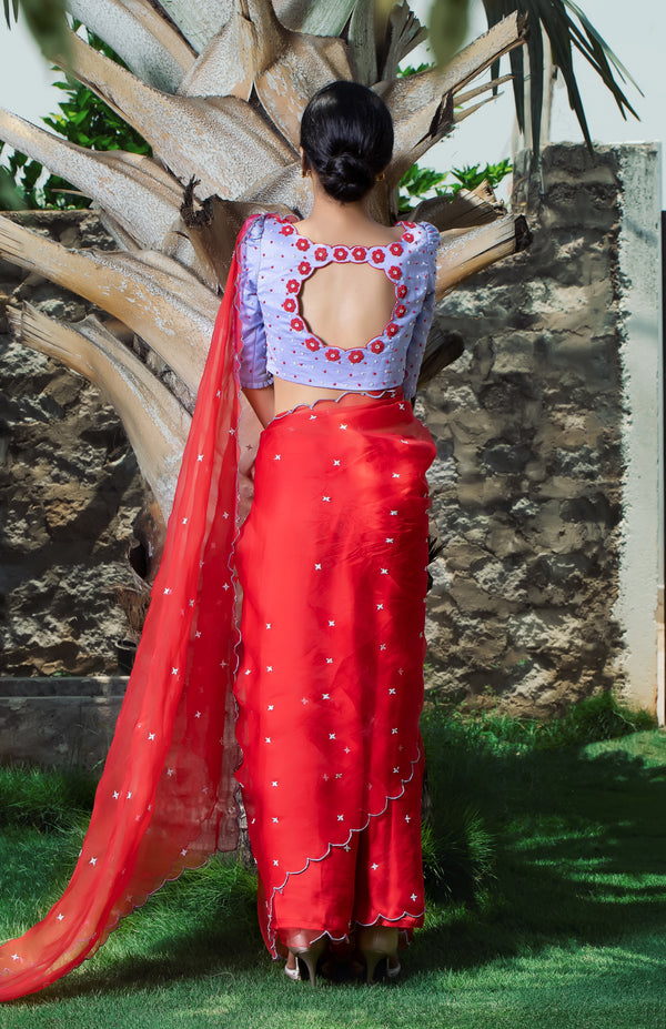 Label G3 By Gayathri Reddy - Red Scallop Detailed Saree with Puff Sleeve Blouse