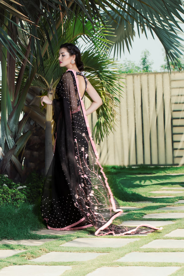 Label G3 By Gayathri Reddy - Black Saree Embellished with Fabric Flowers