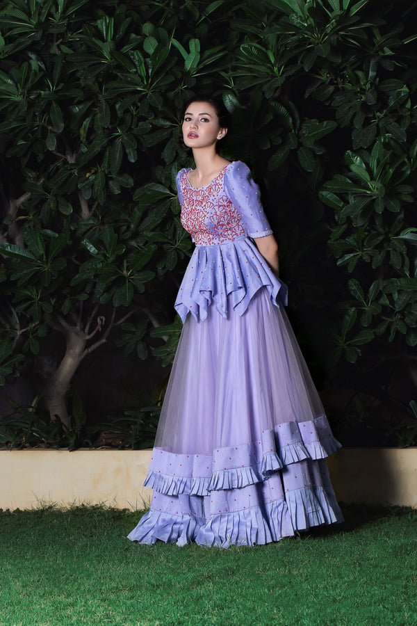 Label G3 By Gayathri Reddy - Lavender Layered Pleated Skirt with Handkerchief Top