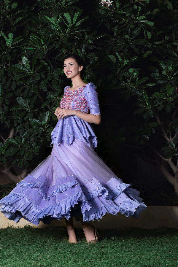 Label G3 By Gayathri Reddy - Lavender Layered Pleated Skirt with Handkerchief Top