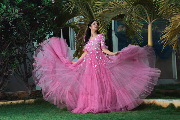 Label G3 By Gayathri Reddy - Onion Pink Floral Embellished Tiered Gown