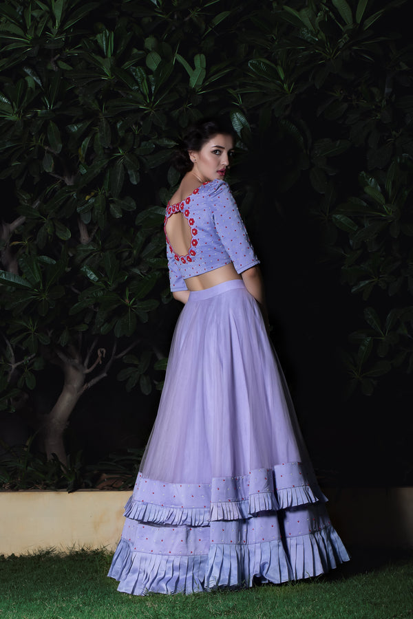 Label G3 By Gayathri Reddy - Lavender Layered Pleated Skirt with Embroidered Crop Top