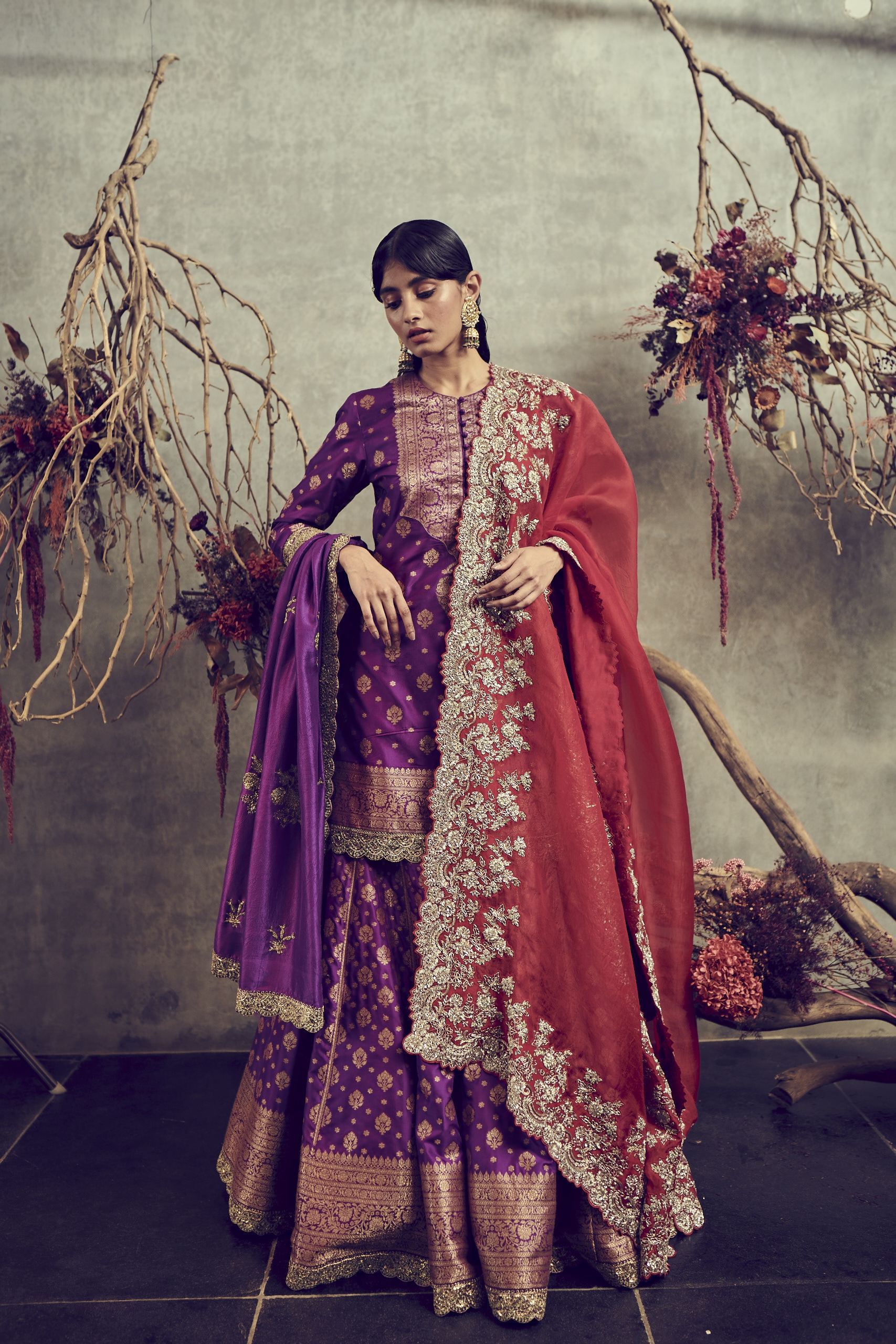 Purple Banarsi Sharara With A Short Kurta