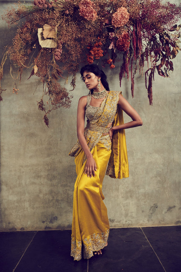 Jayanti Reddy - Mustard Embroidered Saree Set With Belt