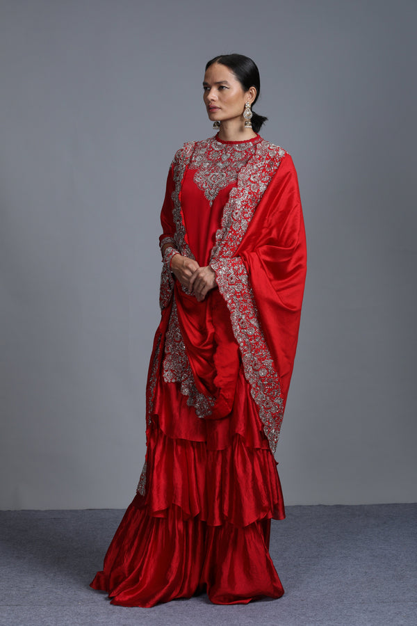 Jayanti Reddy - Red Embroidered Kurta & Sharara Set