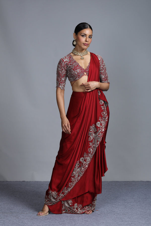 Jayanti Reddy - Maroon Pre-Pleated Embroidered Saree with Blouse