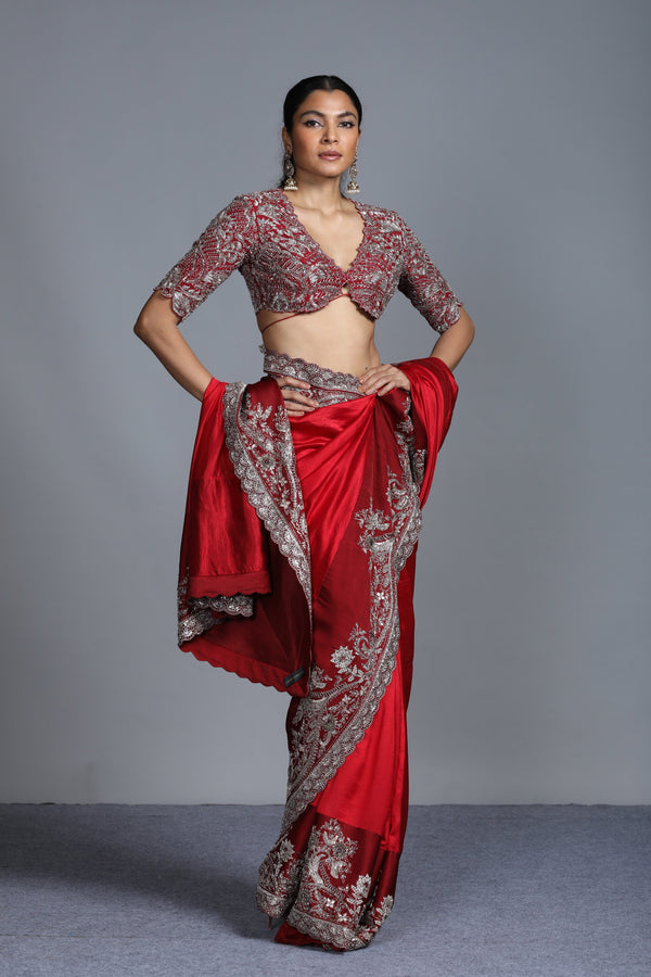 Jayanti Reddy - Red Embroidered Silk Saree with Blouse