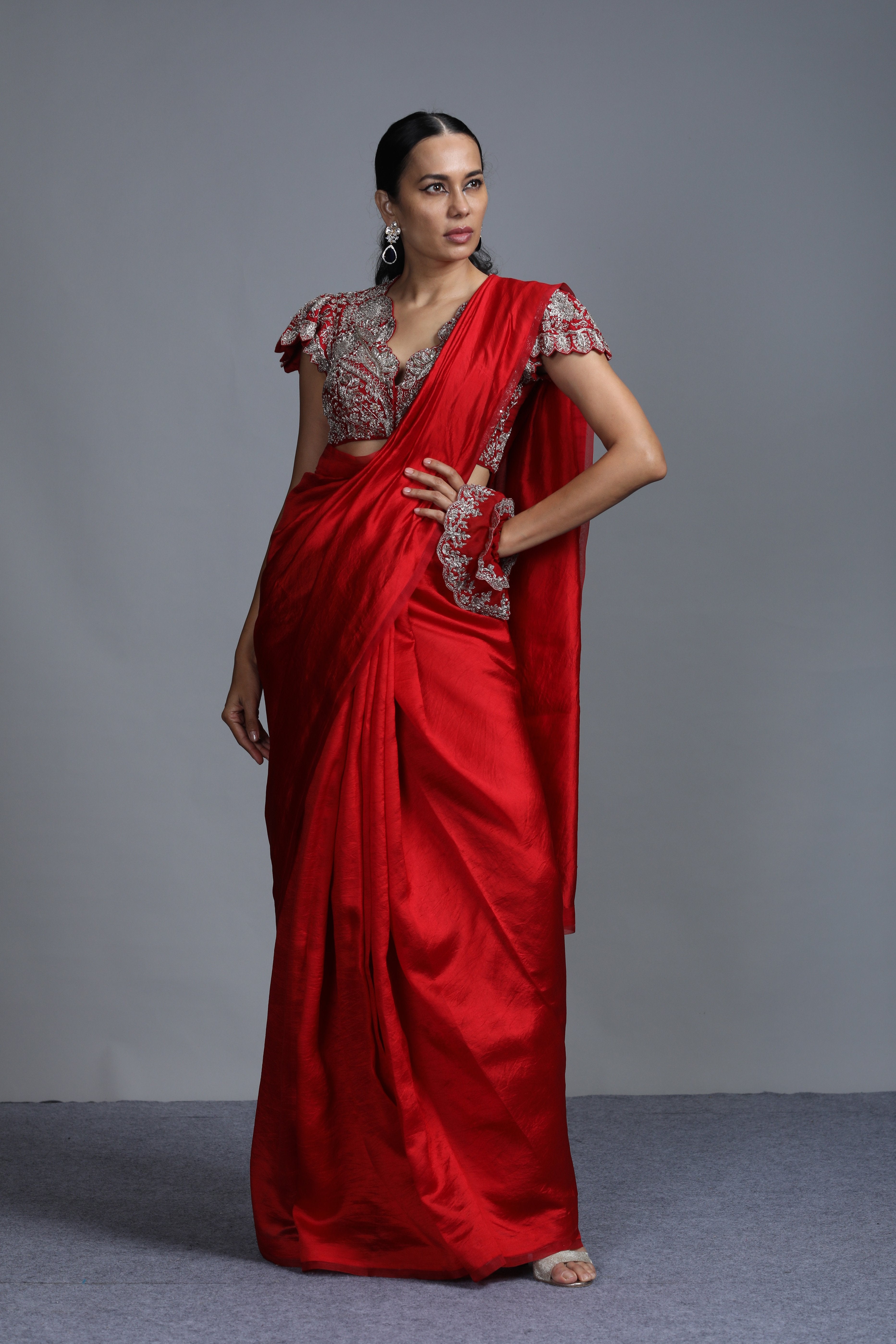 Red Plain Silk Saree With Embroidered Blouse