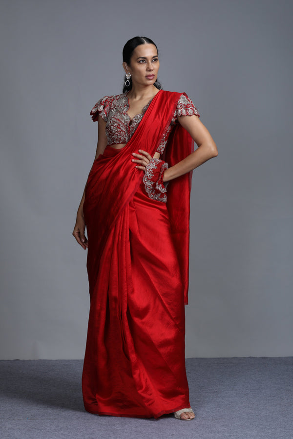 Jayanti Reddy - Red Plain Silk Saree with Embroidered Blouse