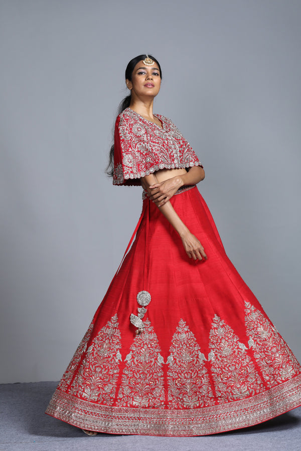 Jayanti Reddy - Red Embroidered Raw Silk Cape & Lehenga Set