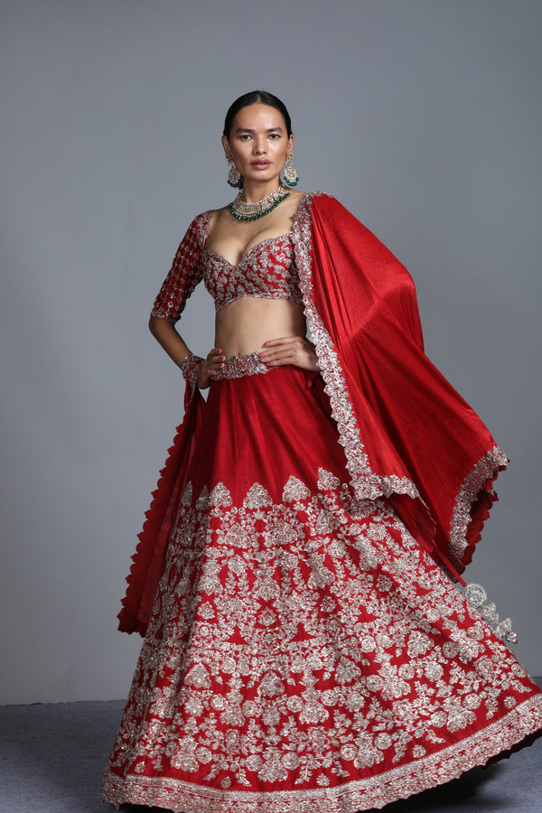 Jayanti Reddy - Red Embroidered Raw Silk Lehenga Set
