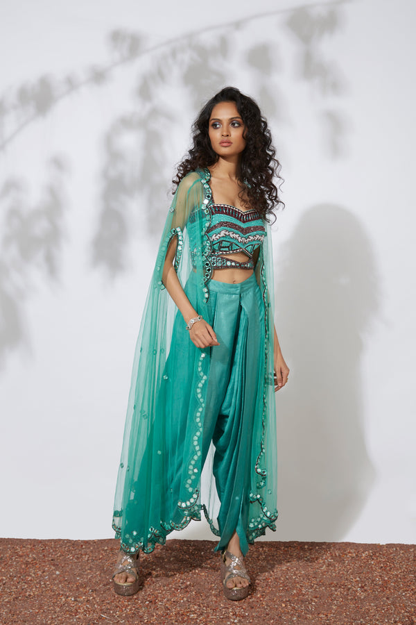 Mehak Murpana - Turquoise Dhoti Pants with Embroidered Choli & Net Cape Set