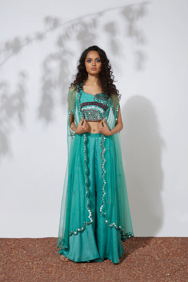 Mehak Murpana - Turquoise Pallazo Pant with Embroidered Choli & Net Cape Set