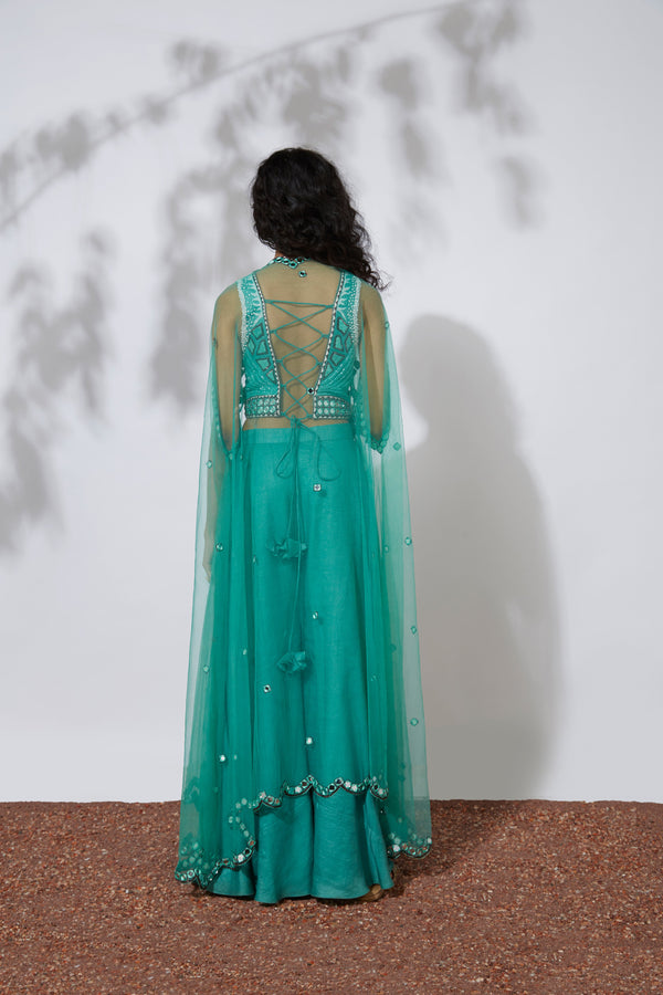 Mehak Murpana - Turquoise Pallazo Pant with Embroidered Choli & Net Cape Set