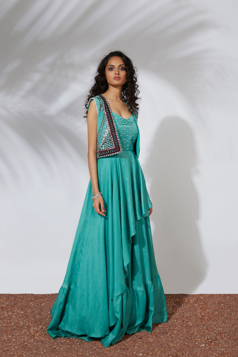 Mehak Murpana - Turquoise Asymmetrical Gown with Embroidered Crop Jacket