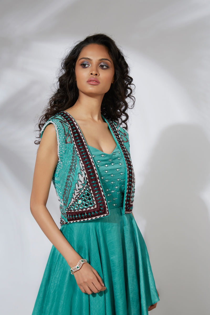 Mehak Murpana - Turquoise Asymmetrical Gown with Embroidered Crop Jacket