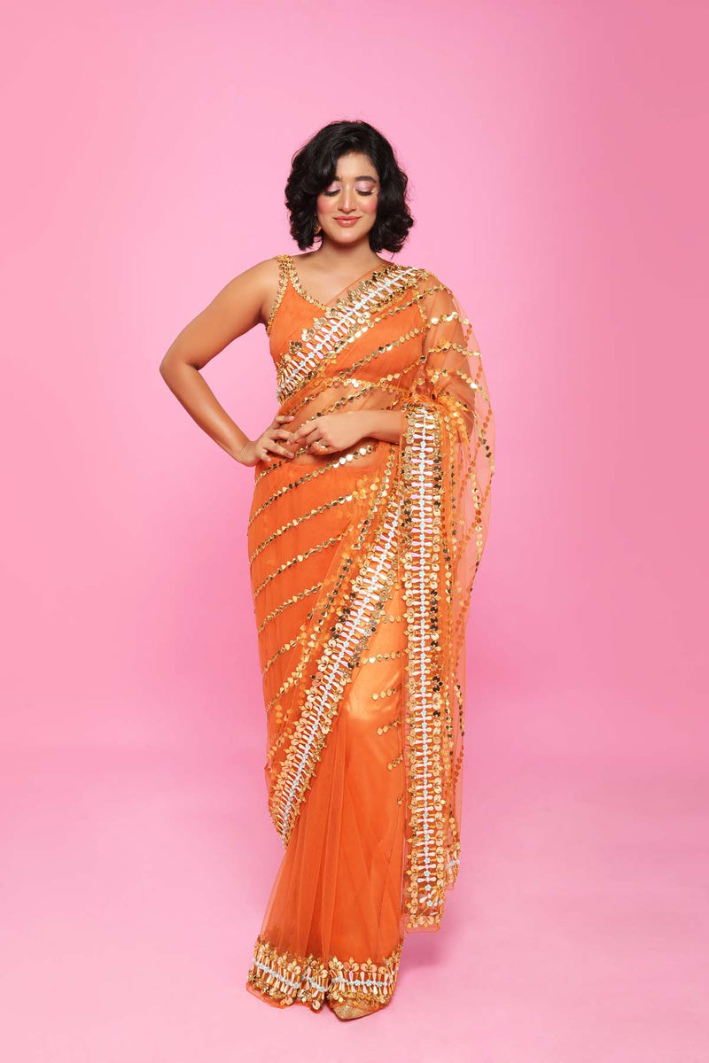 Ivory Tissue Organza Embroidered Pre-draped Sari Set | Papa Don't Preach –  KYNAH