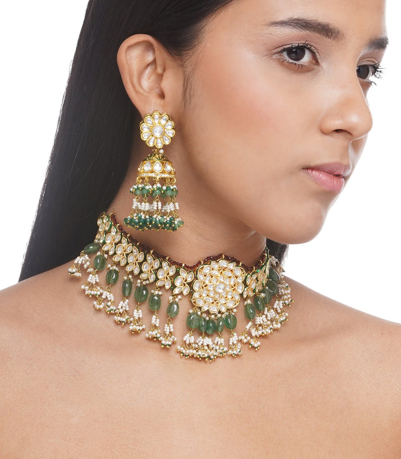 Preeti Mohan - Chandni Gold Plated Green Kundan Necklace Set With Green & White Drops