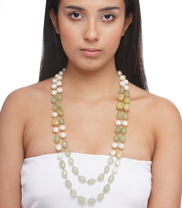 Preeti Mohan - Chandni Gold Plated Mint & White Two Line Ganthan Mala