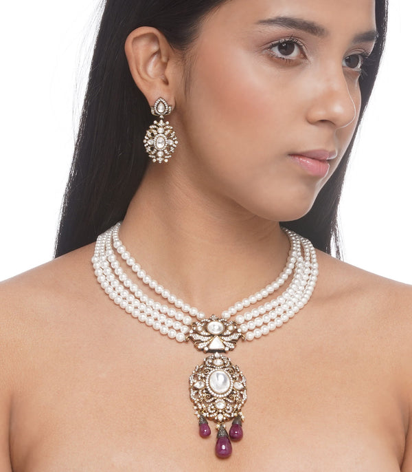 Preeti Mohan - Chandni Gold Plated Polki Pendant With Ruby & Pearls