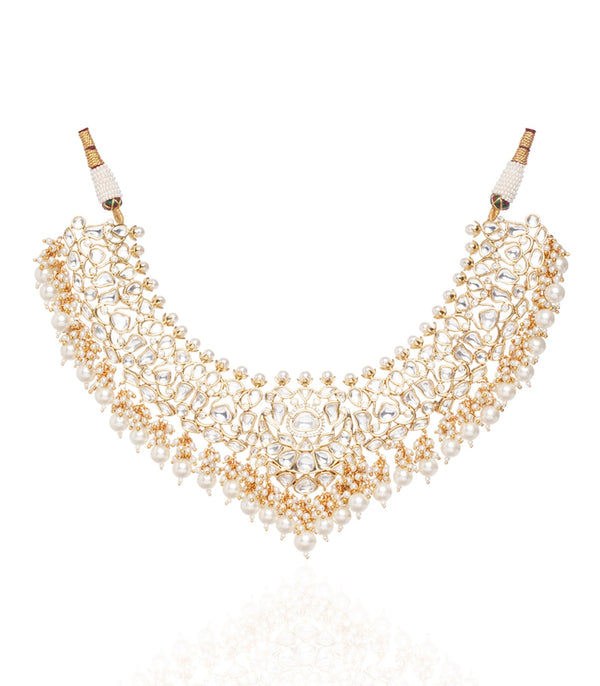 Preeti Mohan - Chandni Gold Plated White Kundan Necklace Set With White Pearls