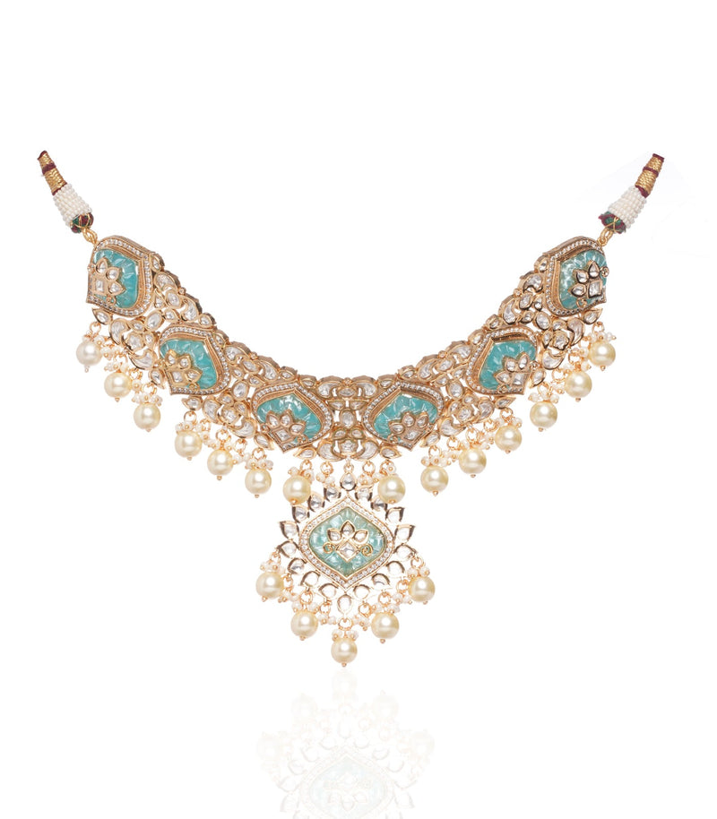 Preeti Mohan - Chandni Gold Plated Mint Kundan Choker Necklace With Pearls
