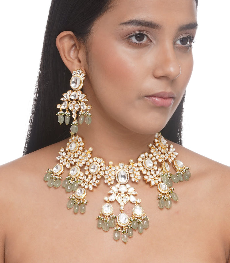 Preeti Mohan - Chandni Gold Plated Kundan Green Necklace Green Drops