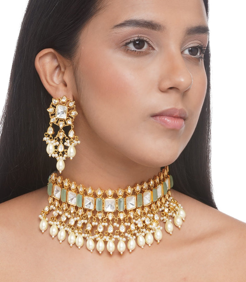 Preeti Mohan - Chandni Gold Plated Mint Necklace With Pearls