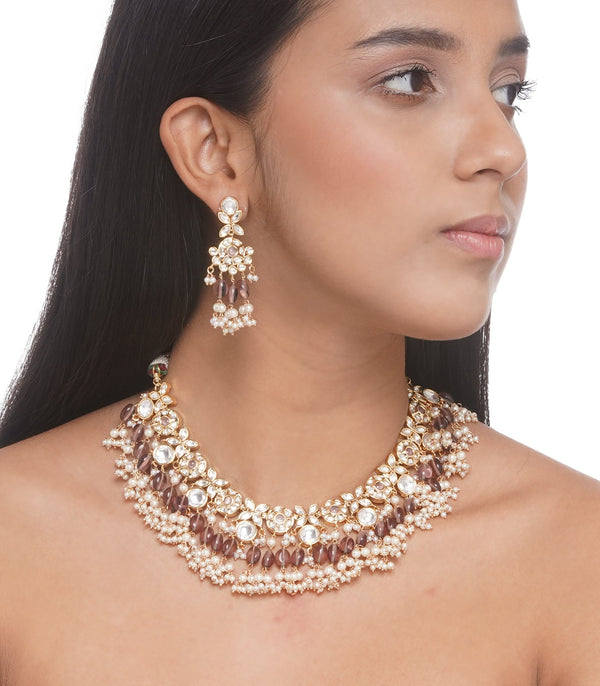 Preeti Mohan - Chandni Gold Plated Pink Kundan Necklace With Pink & White Drops