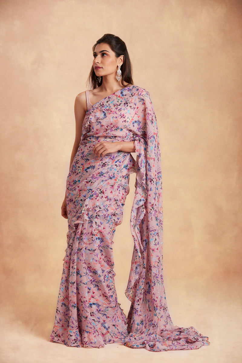 Sanjhana Reddy - Pink printed ruffle saree