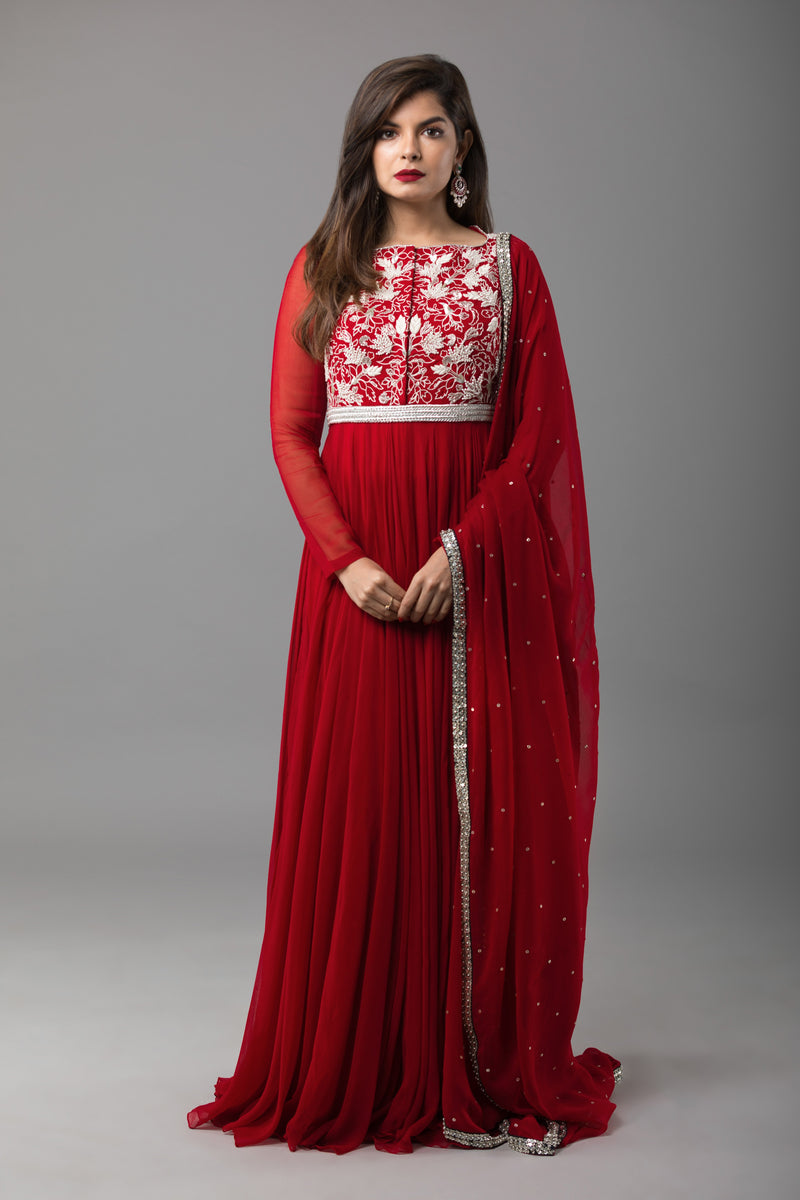 Sanjhana Reddy - Red Embroidered Anarkali 