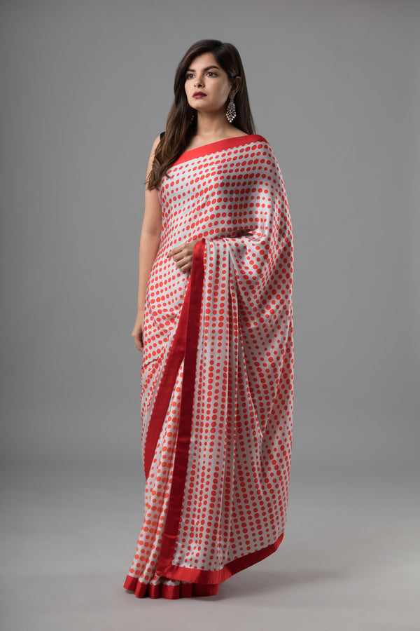 Sanjhana Reddy - Red & White Geometric Print Saree
