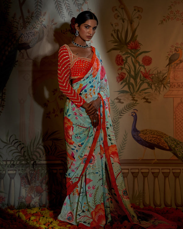 Aayushi Maniar - Aqua Blue Crepe Silk Floral Print Saree Set