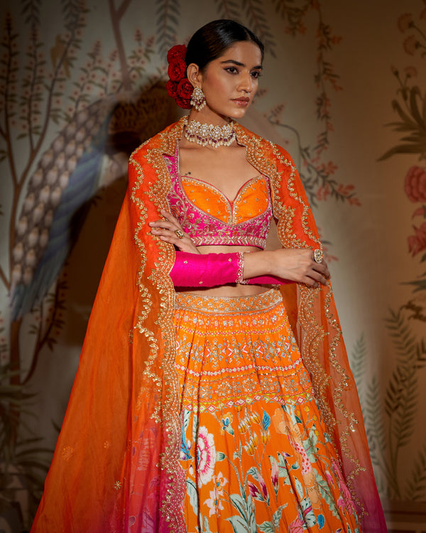 Aayushi Maniar - Orange Raw Silk Noorani Printed Lehenga Set