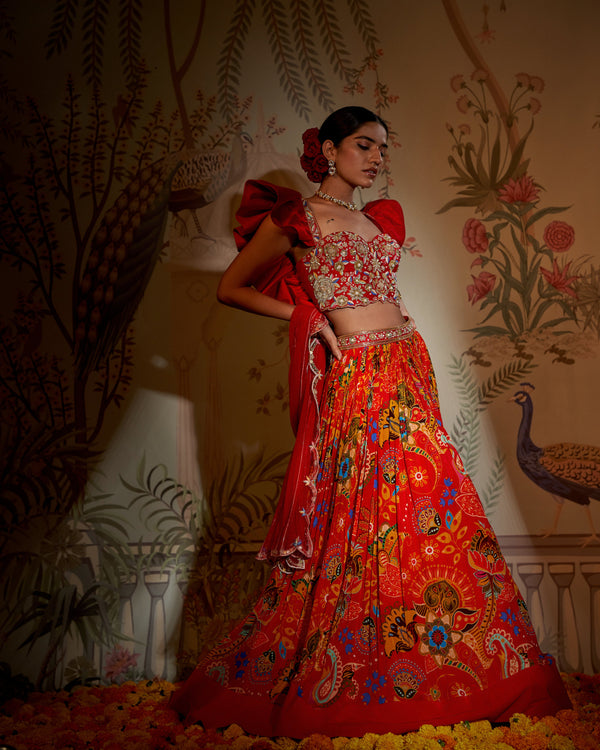 Aayushi Maniar - Scarlet Red Crepe Silk Floral Print Lehenga Set