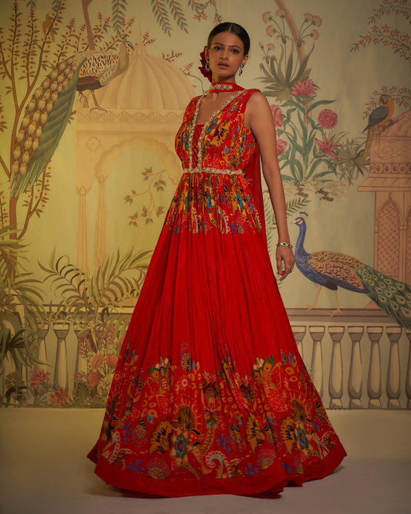Aayushi Maniar - Red Crepe Silk Floral Print Anarkali With Dupatta Set