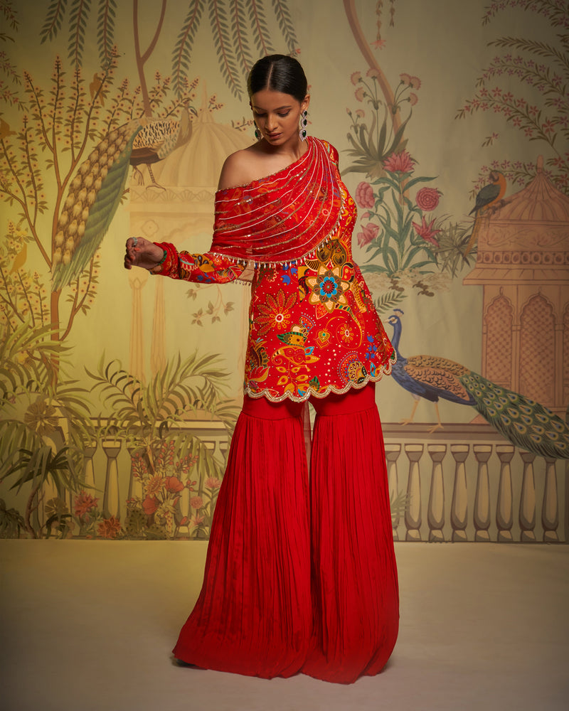 Aayushi Maniar - Red Crepe Silk Phulvaari Printed Tunic And Gharara Set