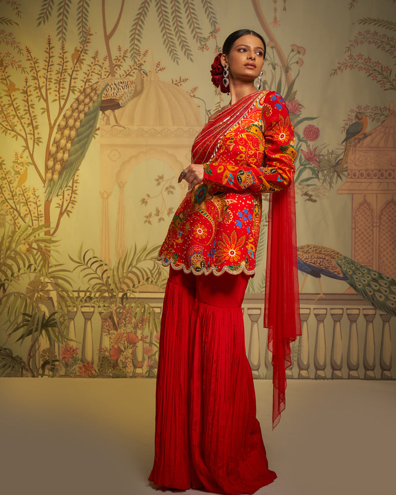 Aayushi Maniar - Red Crepe Silk Phulvaari Printed Tunic And Gharara Set